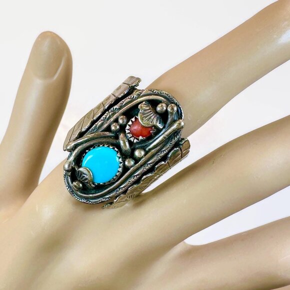 Other - Turquoise Ring, Coral, Sterling Silver, Native American, Navajo, Signed, Joe Tso